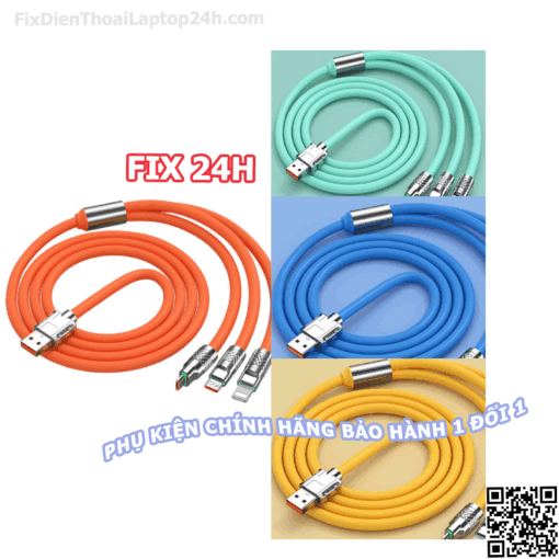 Cáp sạc NHANH CÁ MẬP 3 đầu Silicone bọc thép đa năng hàng CHUẨN chắc chắn ÍT LỖI